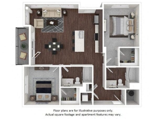 Rendering of the B3.2 floor plan with 2 bedroom[s] and 2 bathroom[s] at The Casey