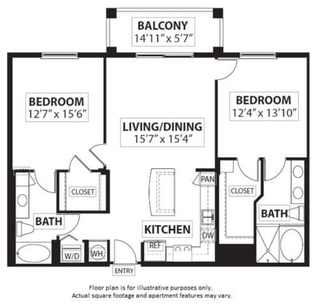 Rendering of the B3 2 Bed 2 Bath floor plan with 2 bedroom[s] and 2 bathroom[s] at Windsor at Doral