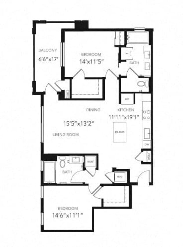 Rendering of the B3 floor plan with 2 bedroom[s] and 2 bathroom[s] at Blu Harbor by Windsor