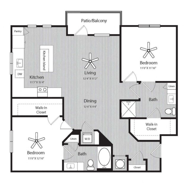 Rendering of the B3 floor plan with 2 bedroom[s] and 2 bathroom[s] at Windsor 335