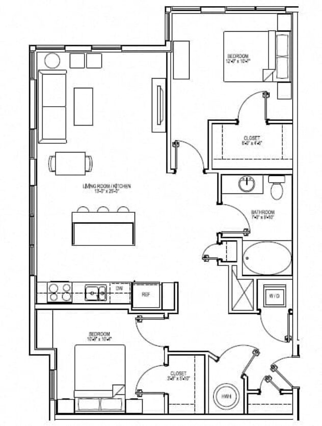 Rendering of the B3 floor plan with 2 bedroom[s] and 1 bathroom[s] at Vox on Two