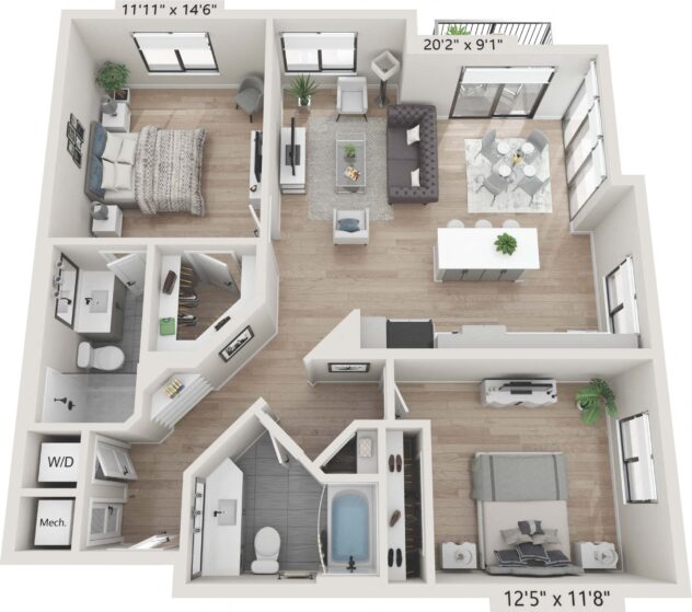 Rendering of the B3 floor plan with 2 bedroom[s] and 2 bathroom[s] at Céntrico by Windsor