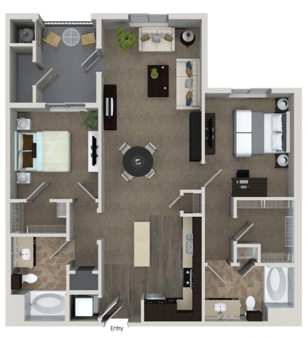 Rendering of the B3 floor plan with 2 bedroom[s] and 2 bathroom[s] at Valentia by Windsor