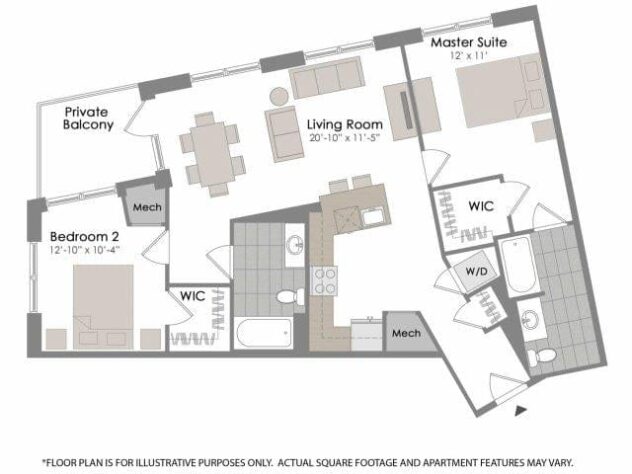 Rendering of the B3 floor plan with 2 bedroom[s] and 2 bathroom[s] at Twenty50 by Windsor