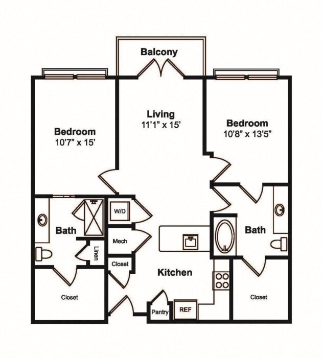 Rendering of the B3 floor plan with 2 bedroom[s] and 2 bathroom[s] at 565 Hank by Windsor