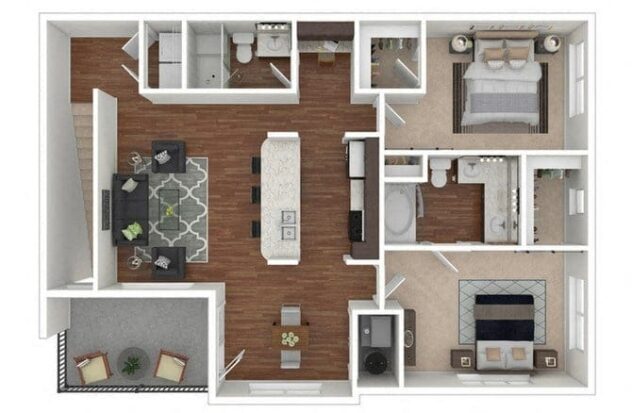 Rendering of the B3 floor plan with 2 bedroom[s] and 2 bathroom[s] at Retreat at the Flatirons