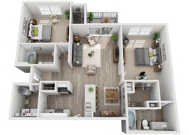 Rendering of the B3 floor plan with 2 bedroom[s] and 2 bathroom[s] at Windsor Addison Park