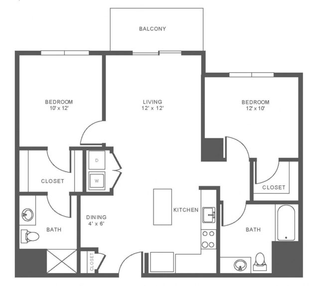 Rendering of the B3 floor plan with 2 bedroom[s] and 2 bathroom[s] at Windsor at Hopkinton