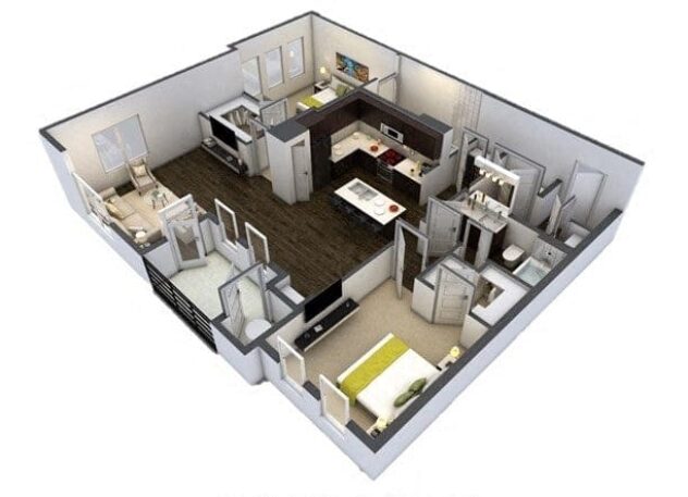 Rendering of the B3 floor plan with 2 bedroom[s] and 2 bathroom[s] at Windsor at Pinehurst