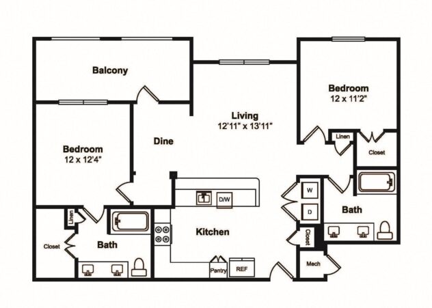 Rendering of the B3 floor plan with 2 bedroom[s] and 2 bathroom[s] at Windsor Castle Hills