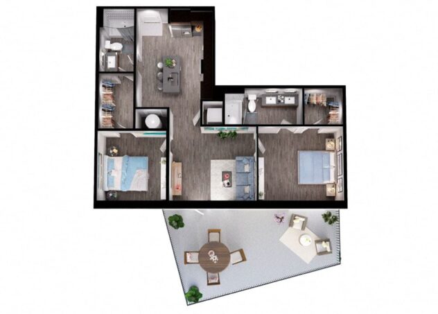 Rendering of the B3 floor plan with 2 bedroom[s] and 2 bathroom[s] at Windsor Interlock