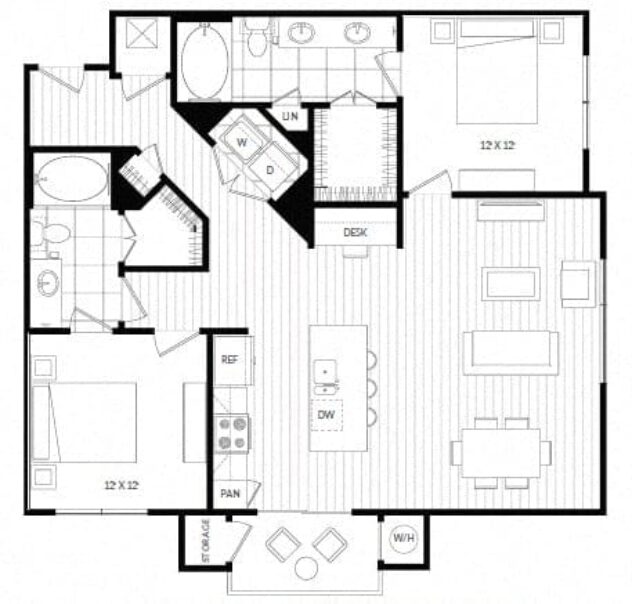 Rendering of the B3 floor plan with 2 bedroom[s] and 2 bathroom[s] at Windsor Oak Hill