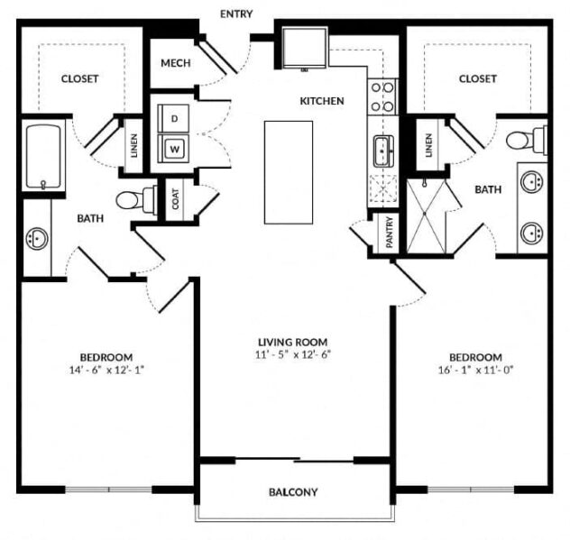 Rendering of the B3 floor plan with 2 bedroom[s] and 2 bathroom[s] at Windsor Preston