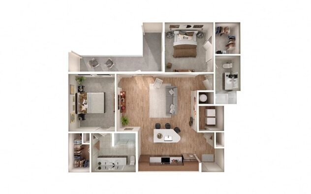 Rendering of the B3 floor plan with 2 bedroom[s] and 2 bathroom[s] at Windsor South Congress