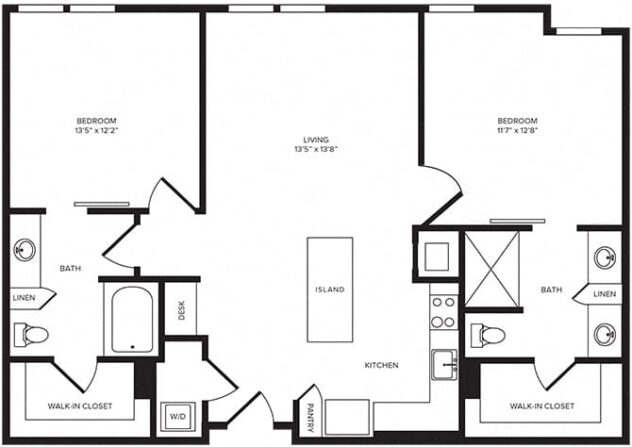 Rendering of the B3 floor plan with 2 bedroom[s] and 2 bathroom[s] at Windsor Turtle Creek