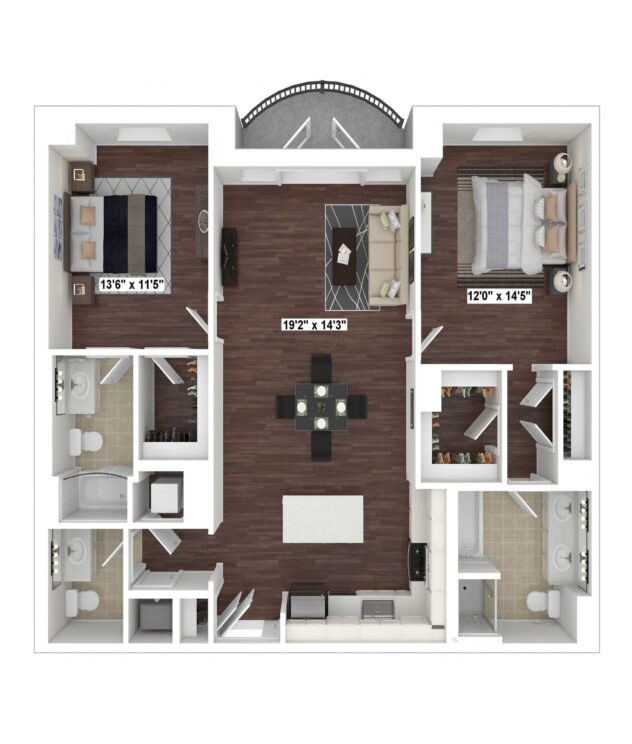 Rendering of the B3 floor plan with 2 bedroom[s] and 2.5 bathroom[s] at The Woodley