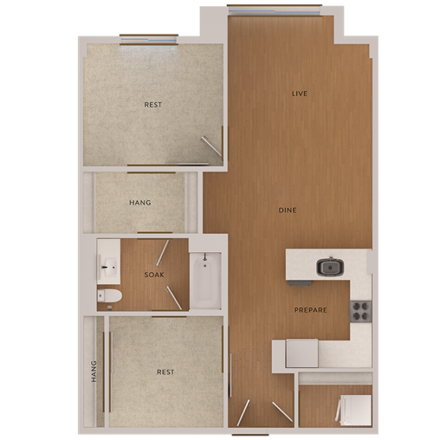 Rendering of the B3 floor plan with 2 bedroom[s] and 1 bathroom[s] at The Marston by Windsor