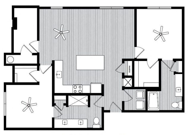 Rendering of the B3 floor plan with 2 bedroom[s] and 2 bathroom[s] at Windsor Republic Place