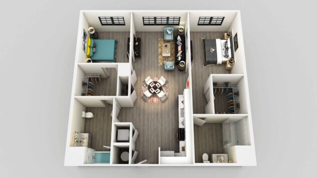 Rendering of the B3 floor plan with 2 bedroom[s] and 2 bathroom[s] at Edison on the Charles by Windsor