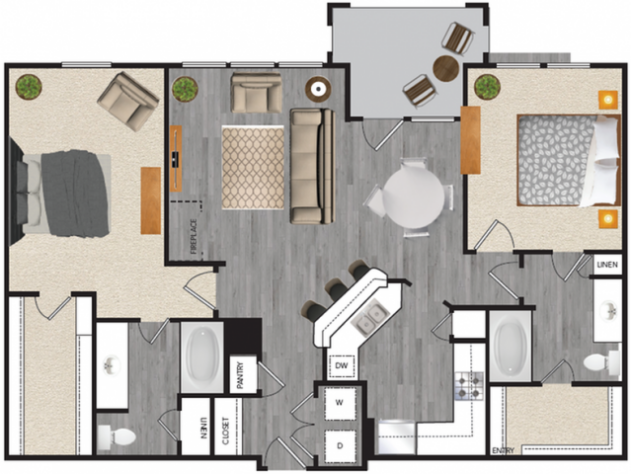 Rendering of the B3 floor plan with 2 bedroom[s] and 2 bathroom[s] at Windsor Mustang Park