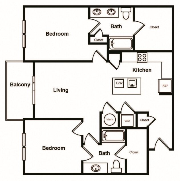 Rendering of the B3 floor plan with 2 bedroom[s] and 2 bathroom[s] at Stadium Walk By Windsor