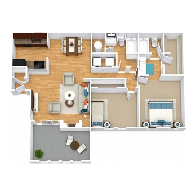 Rendering of the B3 floor plan with 2 bedroom[s] and 2 bathroom[s] at Windsor Peachtree Corners