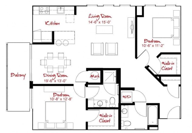 Rendering of the B3 floor plan with 2 bedroom[s] and 2 bathroom[s] at Windsor at Maxwells Green