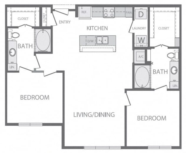 Rendering of the B3 2Bed 2 floor plan with 2 bedroom[s] and 2 bathroom[s] at Windsor at West University