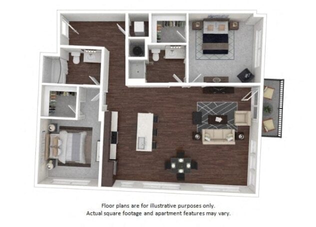 Rendering of the B3.3 floor plan with 2 bedroom[s] and 2 bathroom[s] at The Casey