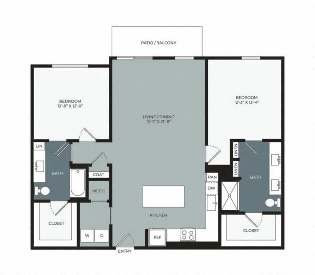 Rendering of the B3 floor plan with 2 bedroom[s] and 2 bathroom[s] at Windsor West Plano