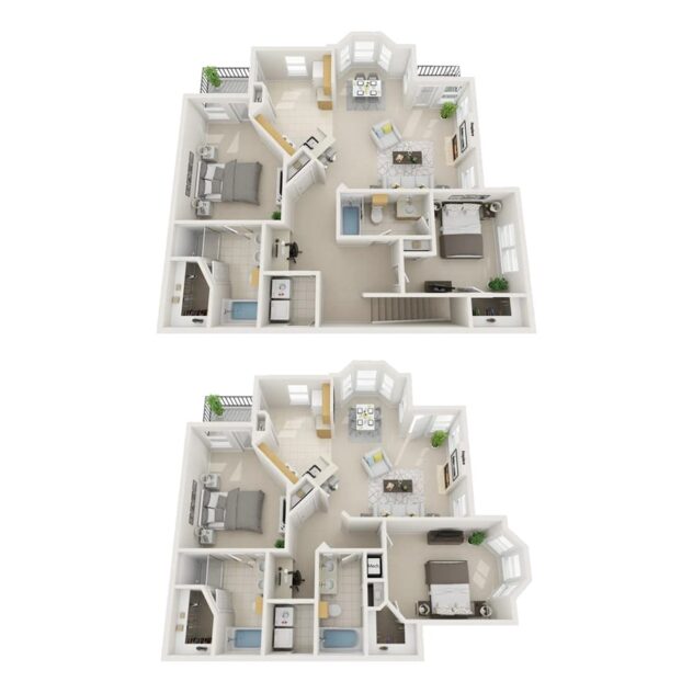 Rendering of the B3 Raphael - Attached Garage floor plan with 2 bedroom[s] and 2 bathroom[s] at Windsor Highwoods Preserve