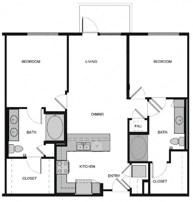 Rendering of the B3 Two Bed  2 Bath floor plan with 2 bedroom[s] and 2 bathroom[s] at South Park by Windsor