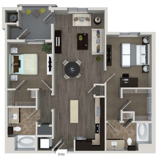 Rendering of the B3a floor plan with 2 bedroom[s] and 2 bathroom[s] at Valentia by Windsor