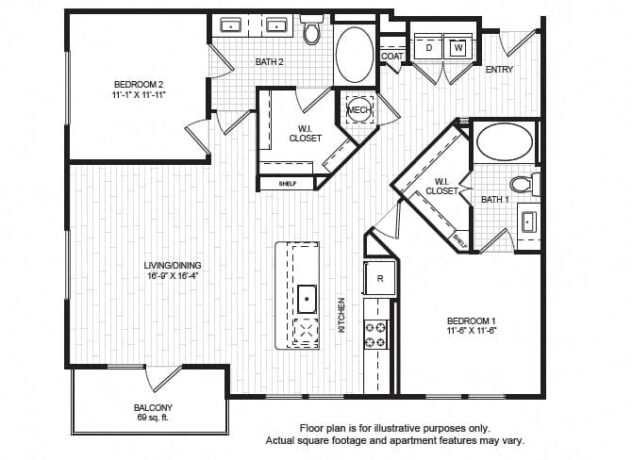 Rendering of the B3a floor plan with 2 bedroom[s] and 2 bathroom[s] at Windsor Old Fourth Ward