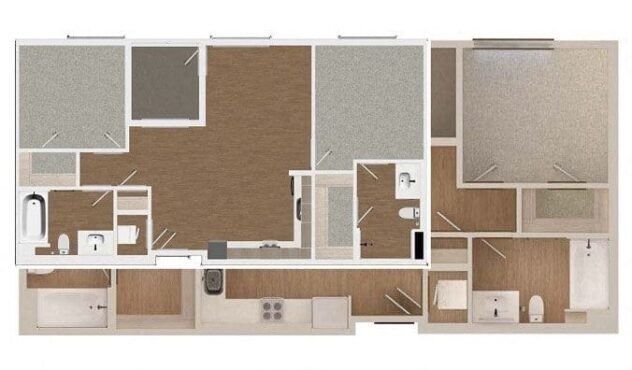 Rendering of the B4 floor plan with 2 bedroom[s] and 2 bathroom[s] at Malden Station by Windsor