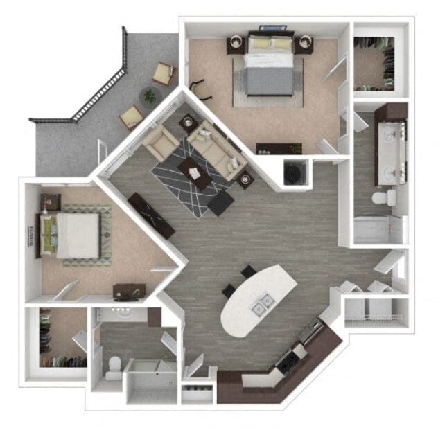 Rendering of the B4 floor plan with 2 bedroom[s] and 2 bathroom[s] at Centric LoHi by Windsor