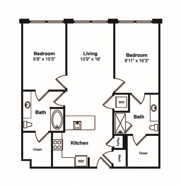 Rendering of the B4 floor plan with 2 bedroom[s] and 2 bathroom[s] at 565 Hank by Windsor