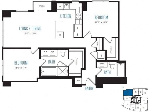 Rendering of the B4 floor plan with 2 bedroom[s] and 2 bathroom[s] at Stratus