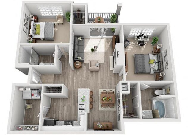 Rendering of the B4 floor plan with 2 bedroom[s] and 2 bathroom[s] at Windsor Addison Park