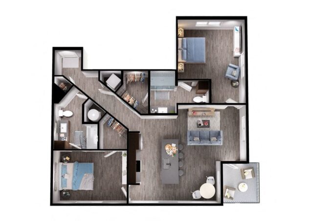 Rendering of the B4 floor plan with 2 bedroom[s] and 2 bathroom[s] at Windsor Interlock