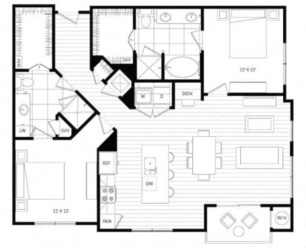 Rendering of the B4 floor plan with 2 bedroom[s] and 2 bathroom[s] at Windsor Oak Hill