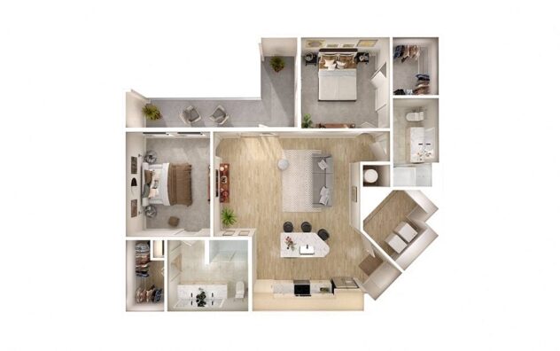 Rendering of the B4 floor plan with 2 bedroom[s] and 2 bathroom[s] at Windsor South Congress