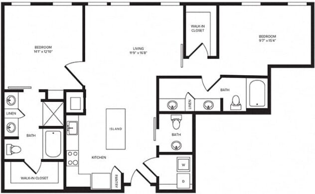 Rendering of the B4 floor plan with 2 bedroom[s] and 2 bathroom[s] at Windsor Turtle Creek