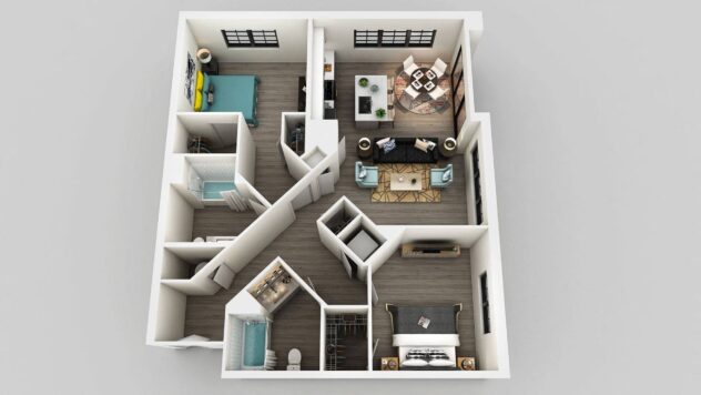 Rendering of the B4 floor plan with 2 bedroom[s] and 2 bathroom[s] at Edison on the Charles by Windsor