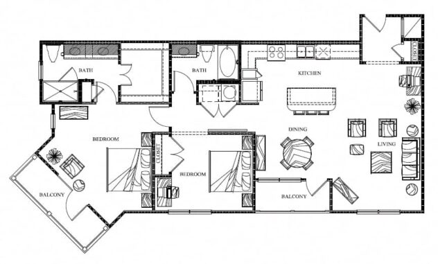 Rendering of the B4 floor plan with 2 bedroom[s] and 2 bathroom[s] at Eleven by Windsor