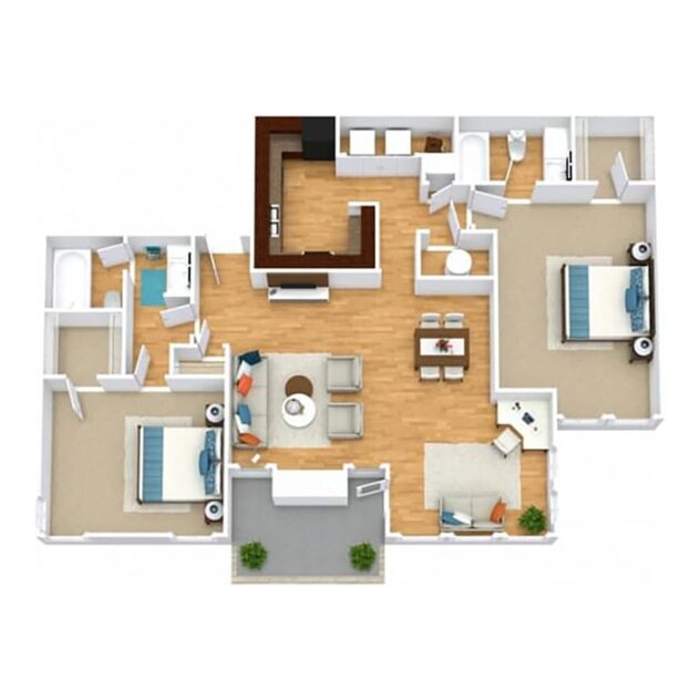 Rendering of the B4 floor plan with 2 bedroom[s] and 2 bathroom[s] at Windsor Peachtree Corners