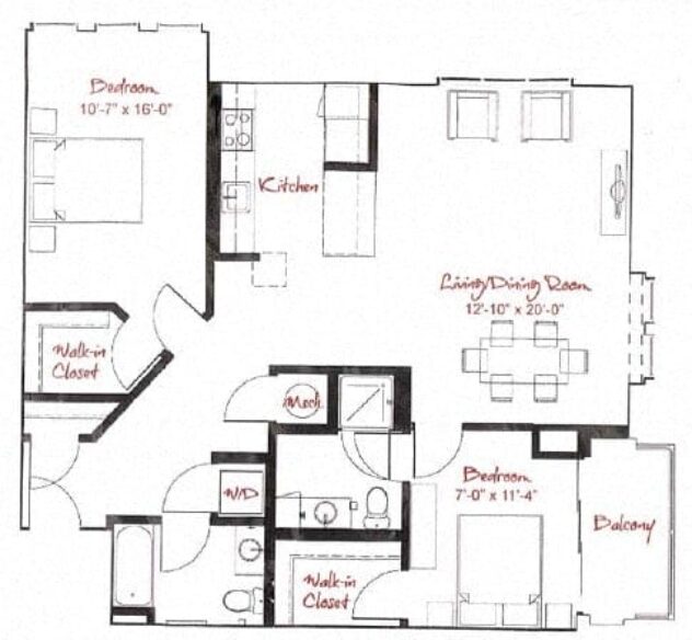 Rendering of the B4 floor plan with 2 bedroom[s] and 2 bathroom[s] at Windsor at Maxwells Green