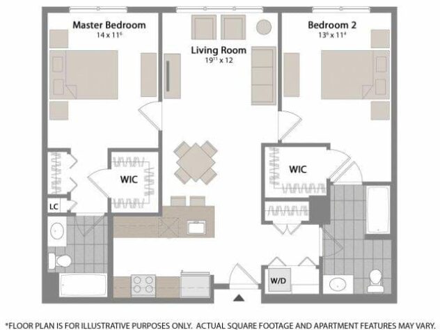 Rendering of the B4 floor plan with 2 bedroom[s] and 2 bathroom[s] at Warren at York by Windsor