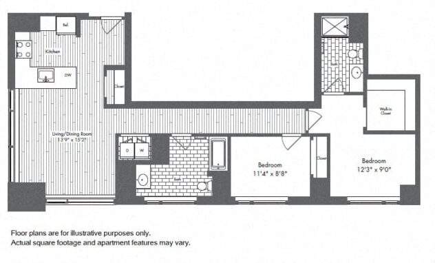 Rendering of the B4 floor plan with 2 bedroom[s] and 2 bathroom[s] at Waterside Place by Windsor