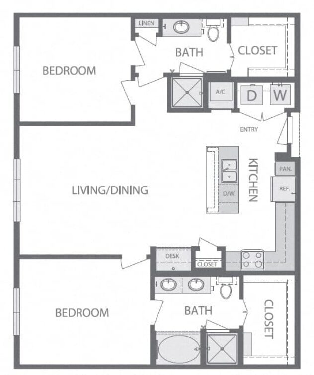 Rendering of the B4 2Bed 2Bath floor plan with 2 bedroom[s] and 2 bathroom[s] at Windsor at West University